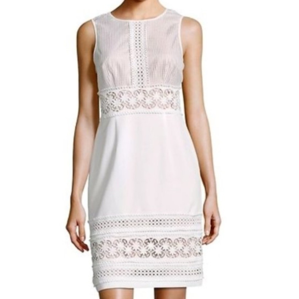Adrianna Papell Elegant White Lace Nude Figure Flattering Dress. Size 6. NWOT.